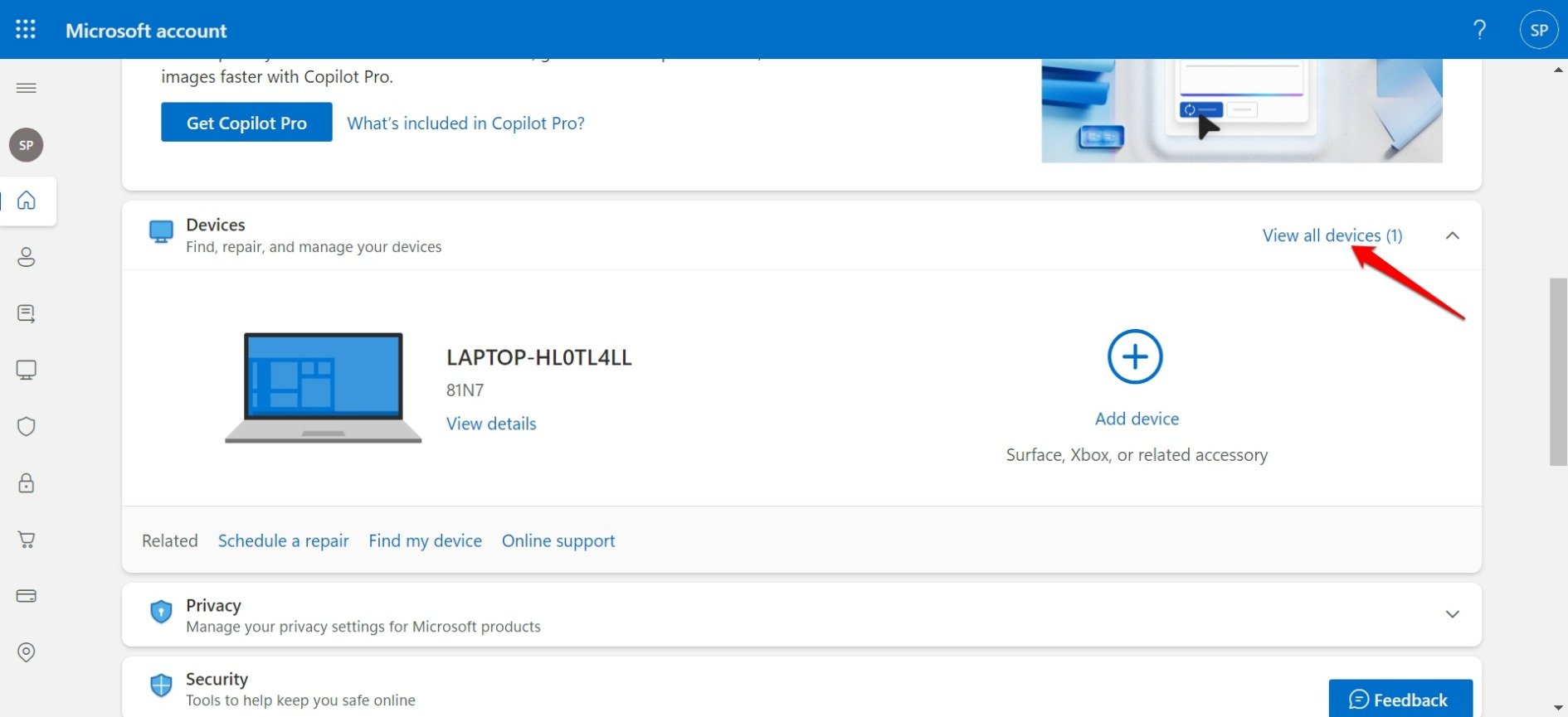 查看连接到 microsoft 帐户的所有设备