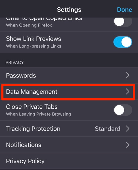 data_management_menu_under_privacy_section_in_firefox_for_iphone